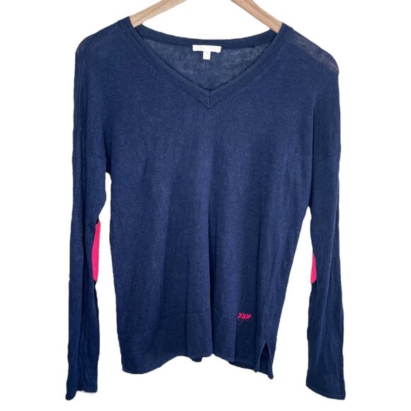 Lisa Todd Small V-Neck Blue Pull Over Sweater Sequin Pink Elbow Patches - Picture 1 of 11